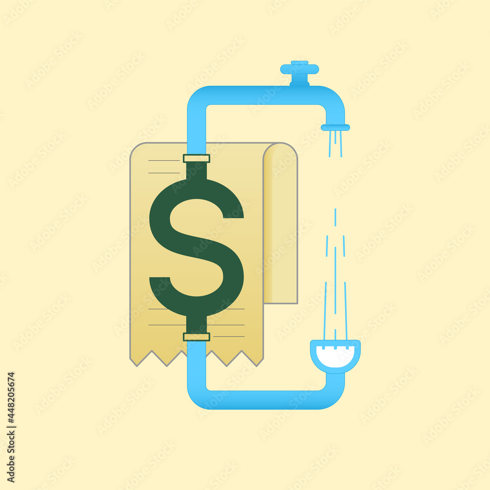 Plumbing and water supply system connect to dollar sign on water bill