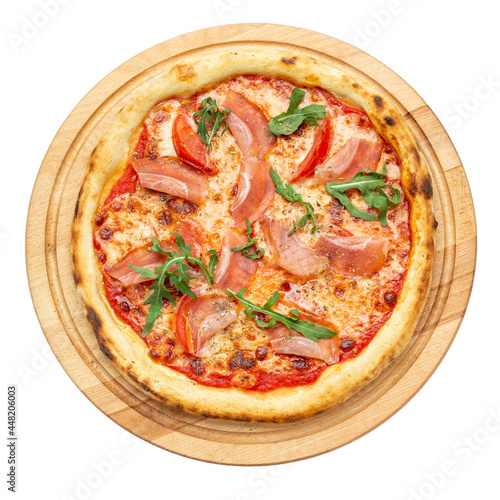 Pizza with ham and arugula, isolated on white background. Prosciutto crudo. Eating food. File contains clipping path.