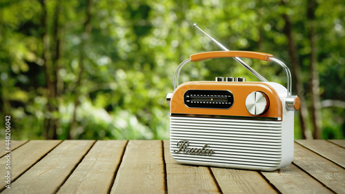 Photography Retro portable radio on wooden table in forest. 3D