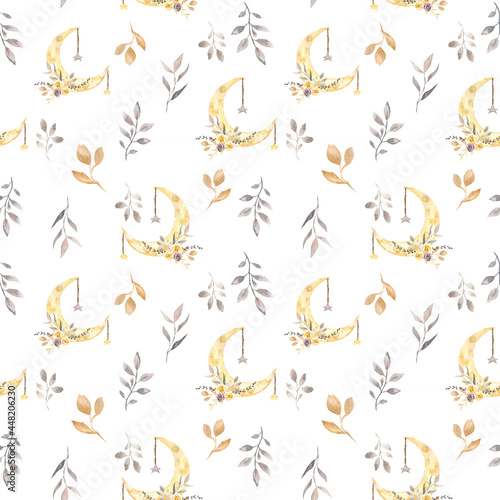 Seamless pattern on a white background with the moon, stars and flora elements. Design for backgrounds, fabrics, paper, etc.