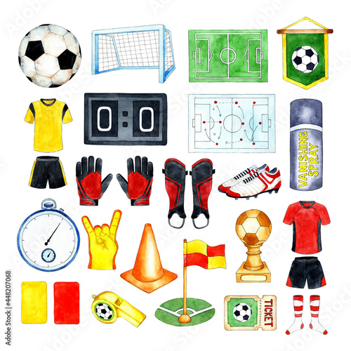 Watercolor illustrations of soccer ball, cup, stopwatch, red and yellow cards, flag, whistle, scoreboard, tactical scoreboard, uniform, gate, ticket. A set of equipment for playing football. Isolated