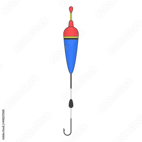 Float icon with weight and hook. Colored cartoon image of complete fishing attachments. Isolated vector illustration on a clean white background.