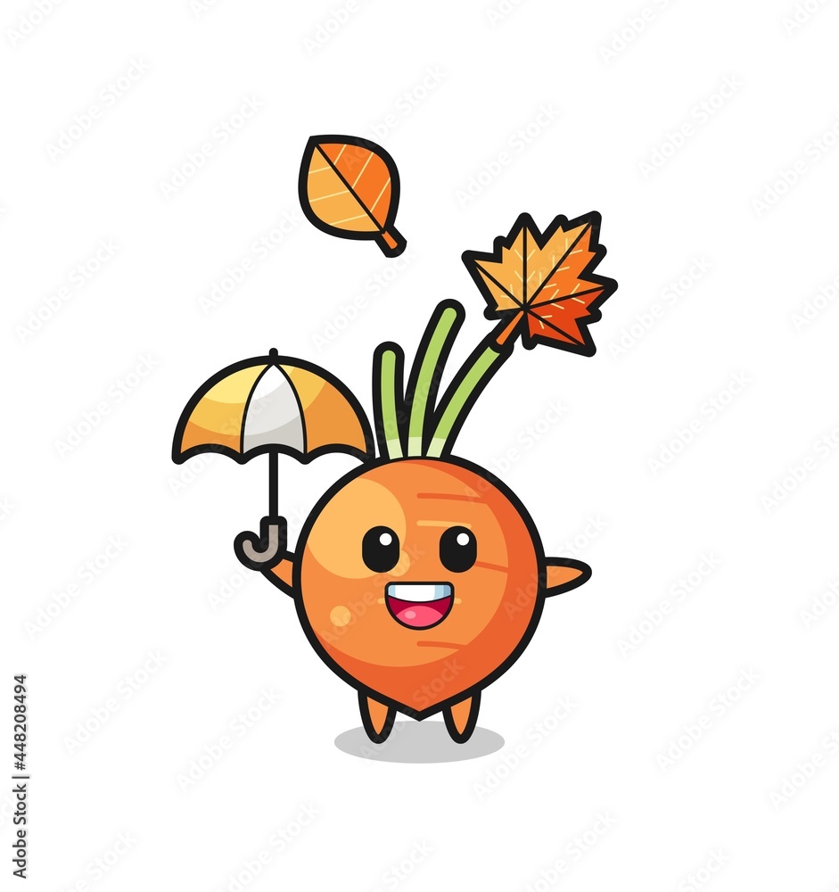 Obraz premium cartoon of the cute carrot holding an umbrella in autumn