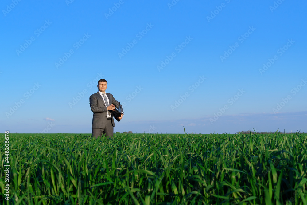 businessman works in a green field, freelance and business concept, green grass and blue sky as background businessman works in a green field, freelance and business concept, green grass and blue sky as background