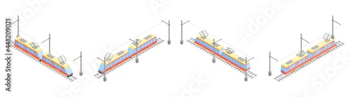 city tram on rails and electrical contact network