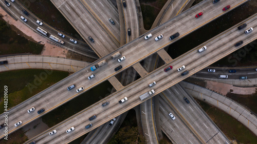 Aerial view of a freeway interchange in downtown Los Angeles, California, USA.