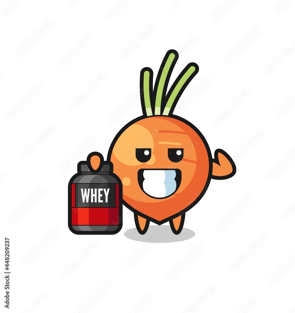the muscular carrot character is holding a protein supplement the muscular carrot character is holding a protein supplement