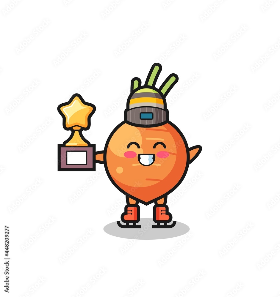 Obraz premium carrot cartoon as an ice skating player hold winner trophy