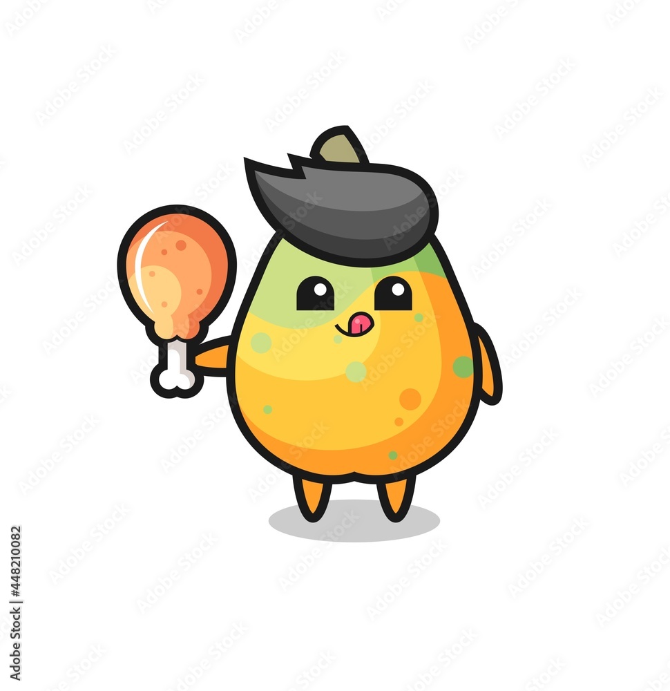 Fototapeta premium papaya cute mascot is eating a fried chicken