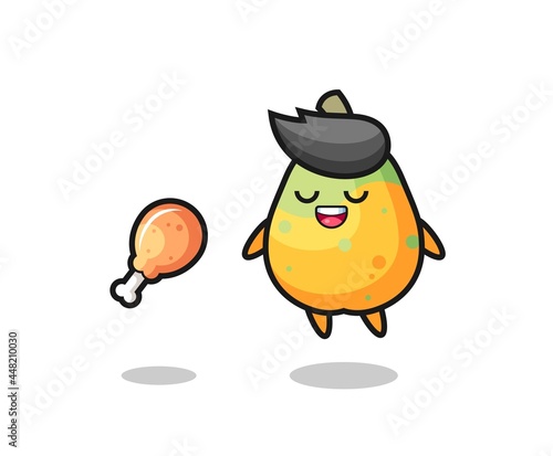 cute papaya floating and tempted because of fried chicken