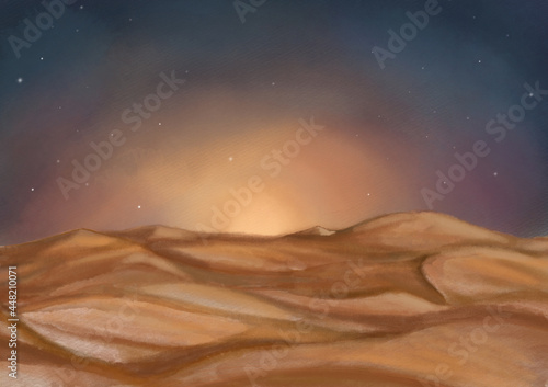 Evening Sand dunes with sunset and starry sky. Hand-drawn watercolor picturesque desert landscape. Landscape illustration, sunset, fields, hills. Sand hills. Sahara background. Sandy landscape wallart