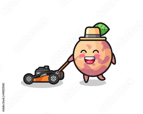 illustration of the pluot fruit character using lawn mower