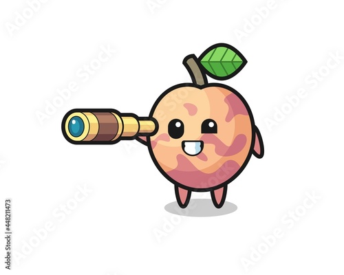 cute pluot fruit character is holding an old telescope