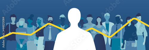 Silhouette di una persona anonima davanti a un gruppo di persone e una curva di grafico