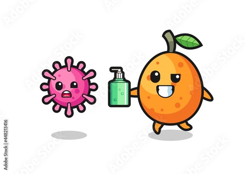 illustration of kumquat character chasing evil virus with hand sanitizer