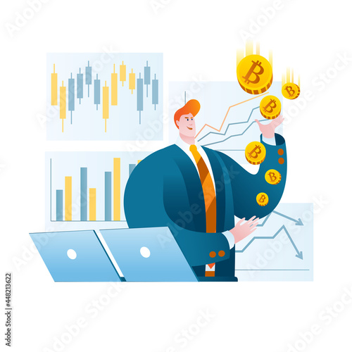 A trader in a business suit is juggling bitcoins against the background of stock charts. Vector illustration on the topic of cryptocurrencies and the currency market.