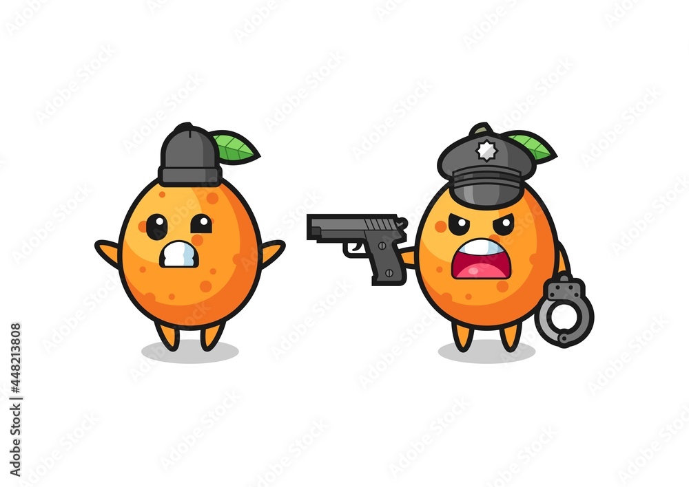 Fototapeta premium illustration of kumquat robber with hands up pose caught by police
