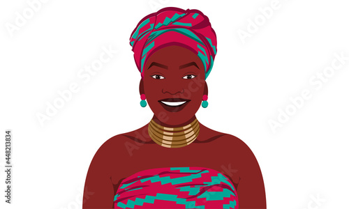 African women wear necklace and a traditional headdress avatar of a girl with a scarf on her head for a social network portrait vector flat illustration.
