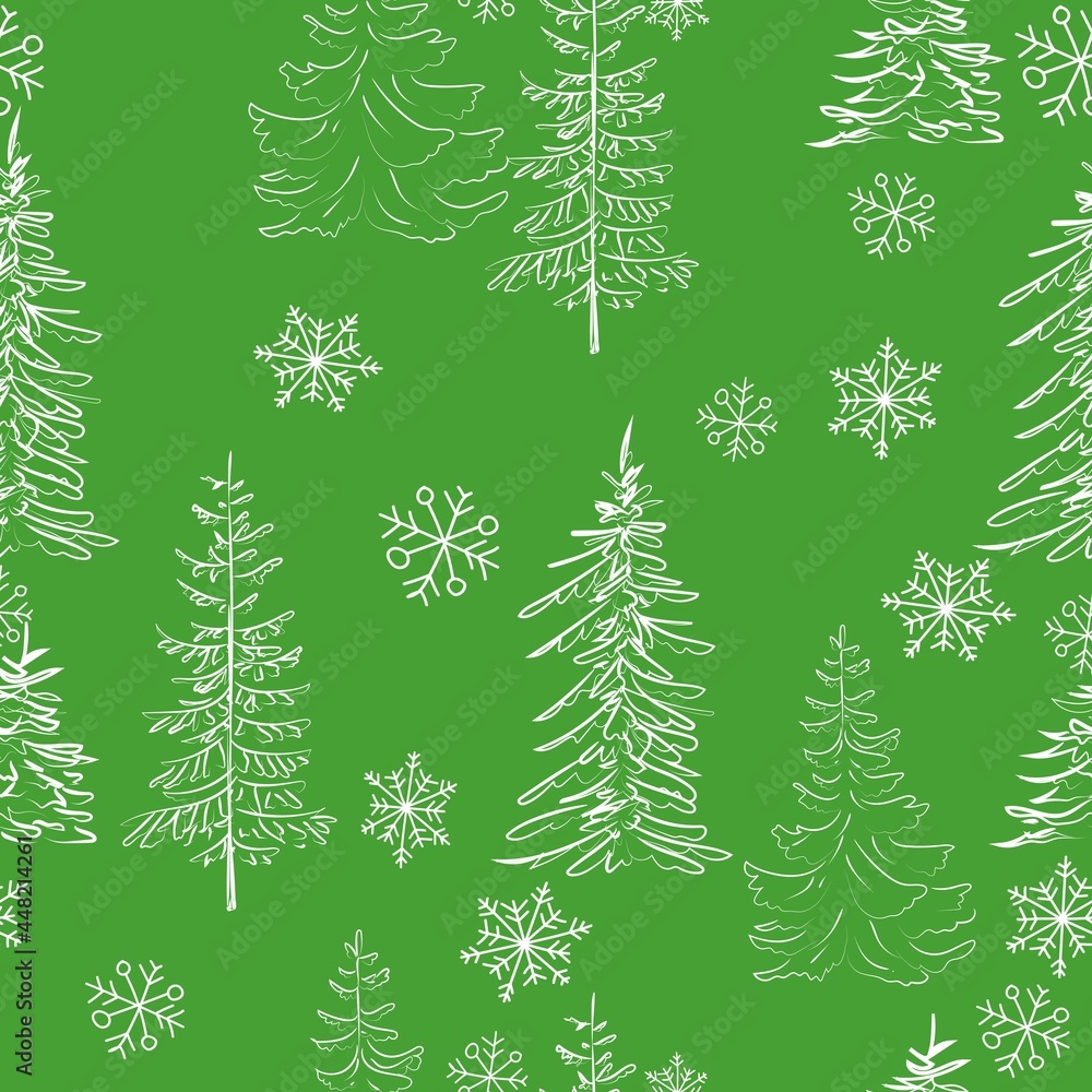 Elegant outline drawing of pine tree seamless pattern. Vector illustration. 