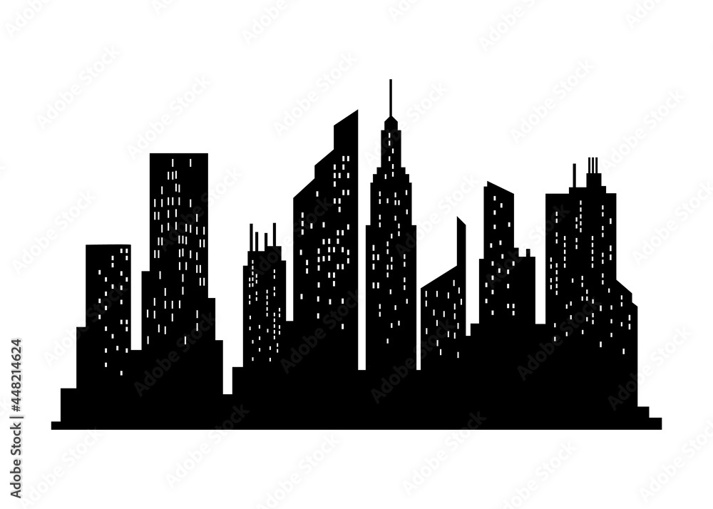 Cityscape silhouette. City building, night town and horizontal urban panorama silhouette. Modern urban landscape. Monochrome panoramic view