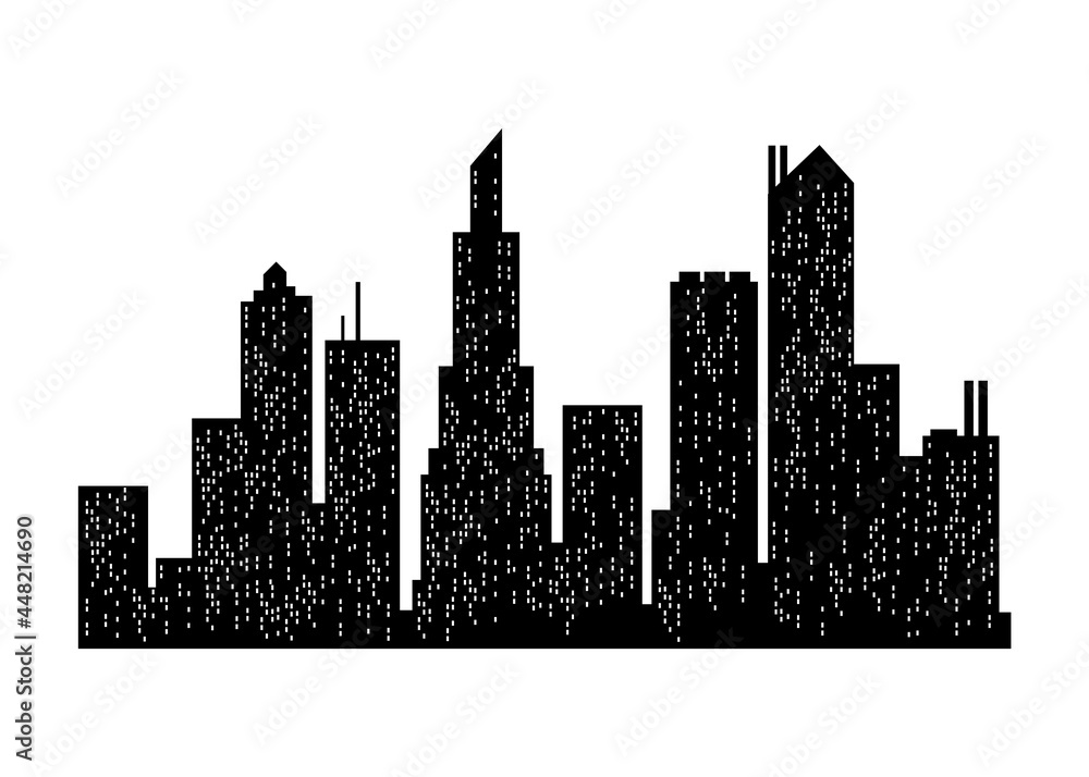Naklejka premium Cityscape silhouette. City building, night town and horizontal urban panorama silhouette. Modern urban landscape. Monochrome panoramic view