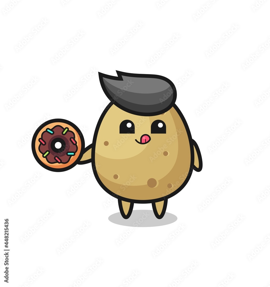 illustration of an potato character eating a doughnut
