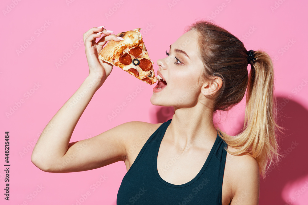 cute blonde singer sport snack pink background cute blonde singer sport snack pink background