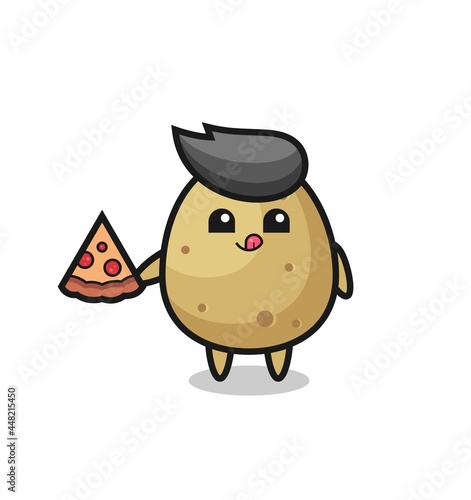 cute potato cartoon eating pizza
