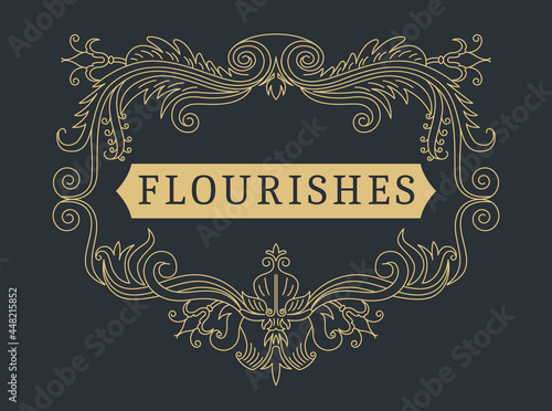 Flourishes calligraphic vintage ornamental background. Golden ornate page with swirls and vignettes elements. Frame design template