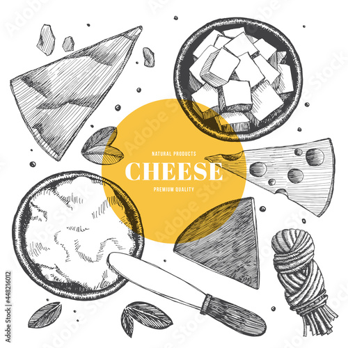 Hand-drawn hard and soft cheeses on a light background. Parmesan, Ricotta, pigtail cheese, Feta, cheese knife. Retro picture for the menu of restaurants, markets, shops. Vector illustration.