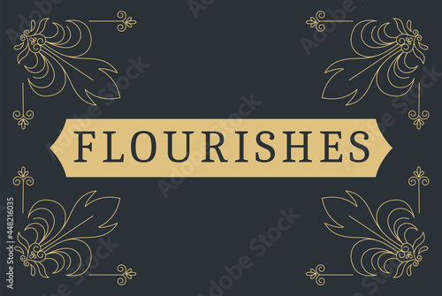 Flourishes calligraphic vintage ornamental background. Golden ornate page with swirls and vignettes elements. Frame design template