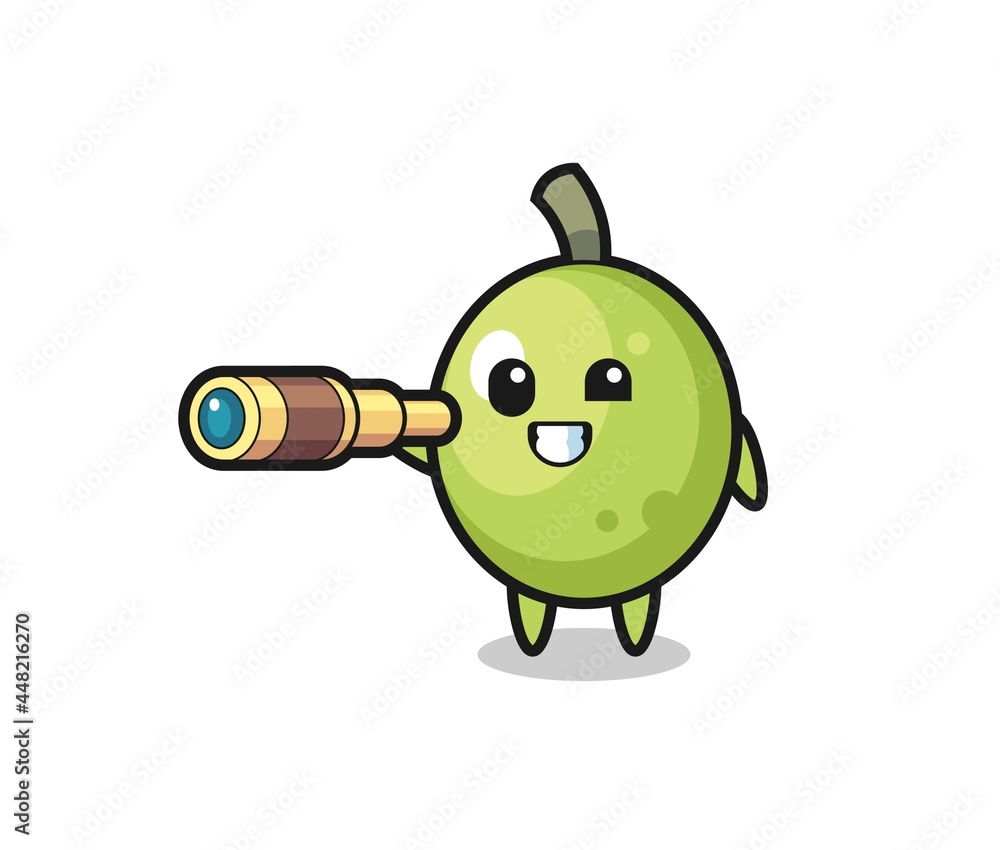 Obraz premium cute olive character is holding an old telescope