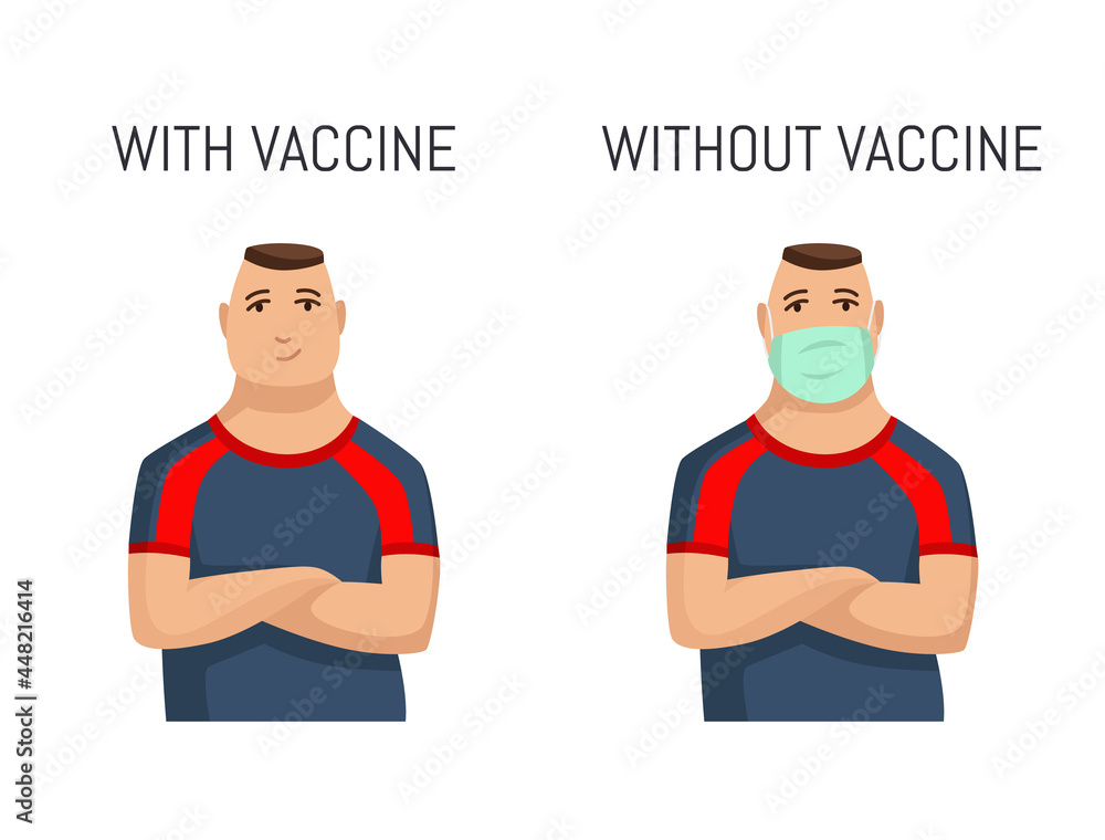 Fototapeta premium Man with vaccine and wthout. Two method how protects how to protect yourself from infectious diseases. Illustration how to wear face mask correctly