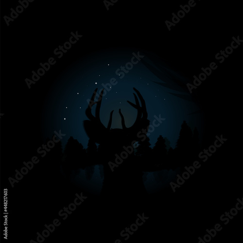 Silhouette of a deer in the night. Deer antlers. Horns on a dark background. Vector illustration. 