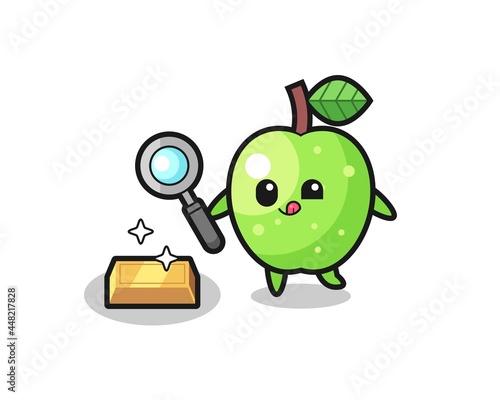 green apple character is checking the authenticity of the gold bullion