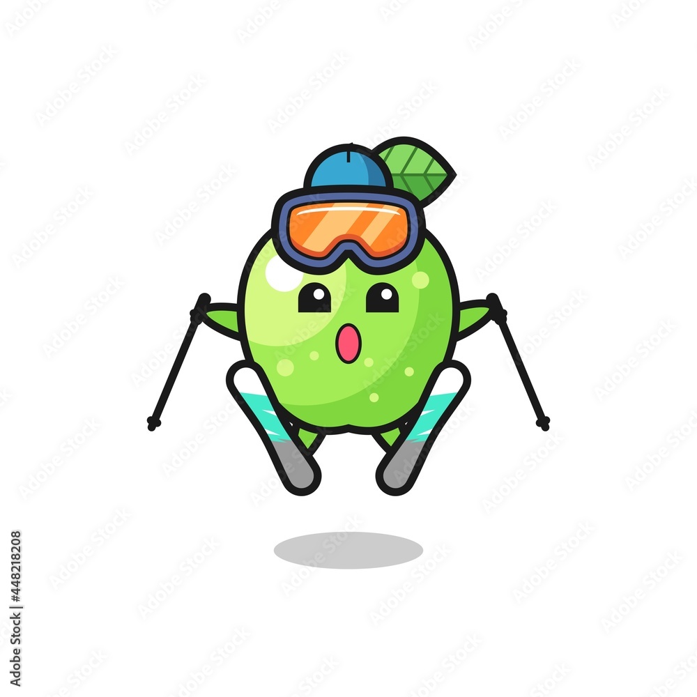 green apple mascot character as a ski player