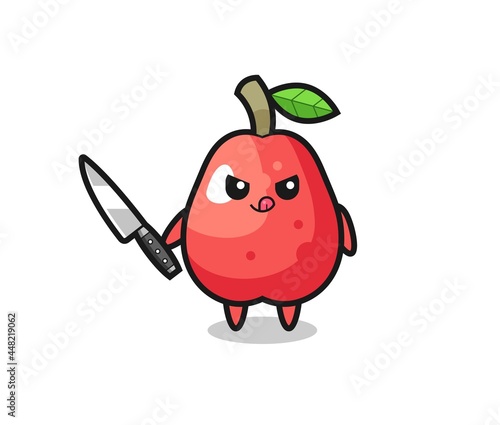 cute water apple mascot as a psychopath holding a knife