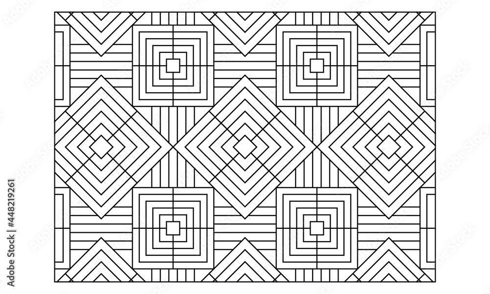 Coloring-#224 Landscape coloring pages for adults.Coloring Page of abstract diamonds repeats with 2 different sizes composition that intersect on an angle with variation add of stripes. EPS8 file.