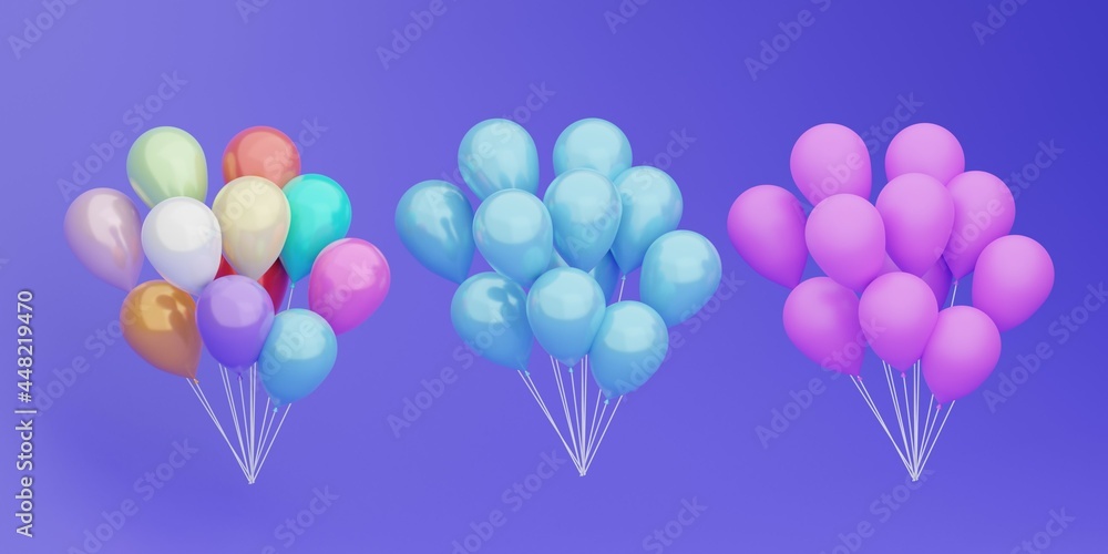 3D rendering. A set of flying colorful balloons for parties and celebrations. Matte and shiny. Isolated on a blue background. Helium ballons. 