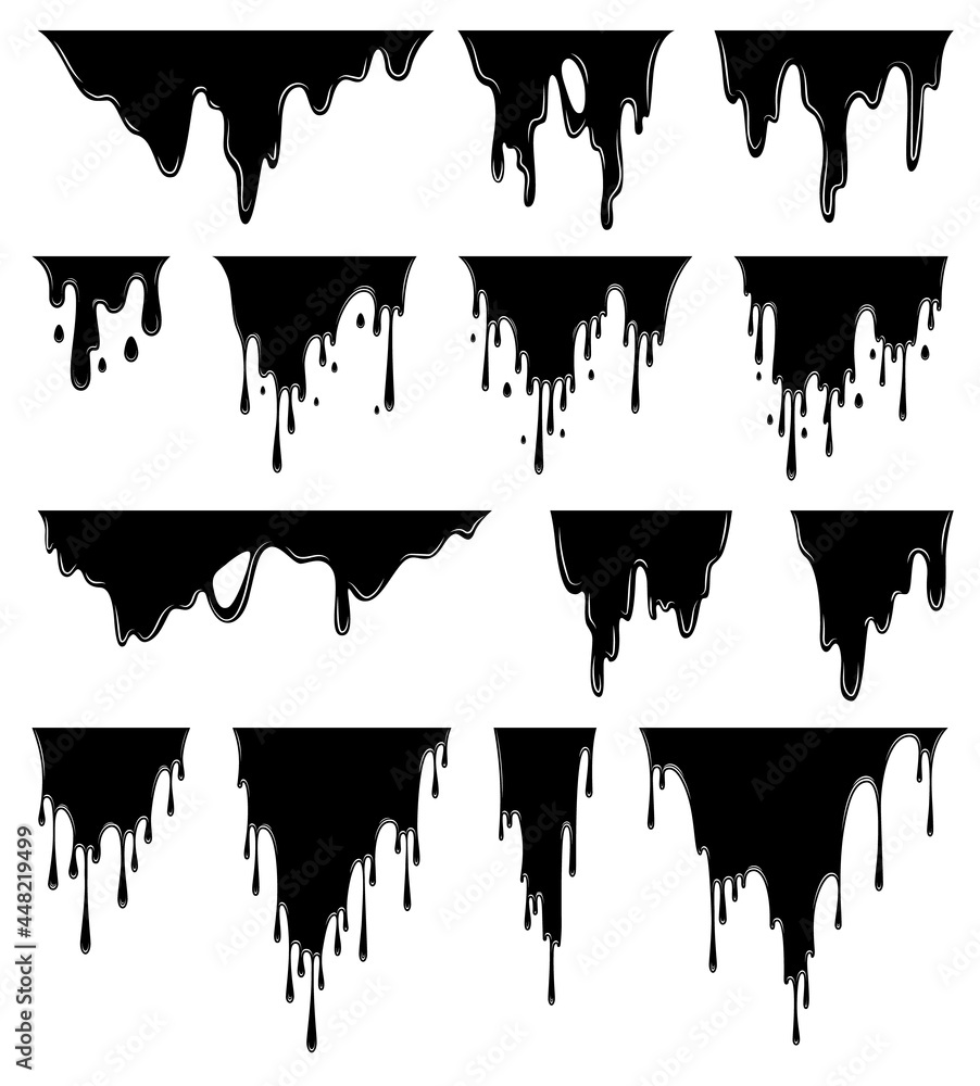 Paint dripping liquid. Flowing oil stain. Set of black drips. Abstract flow stencil.  illustration on white background
