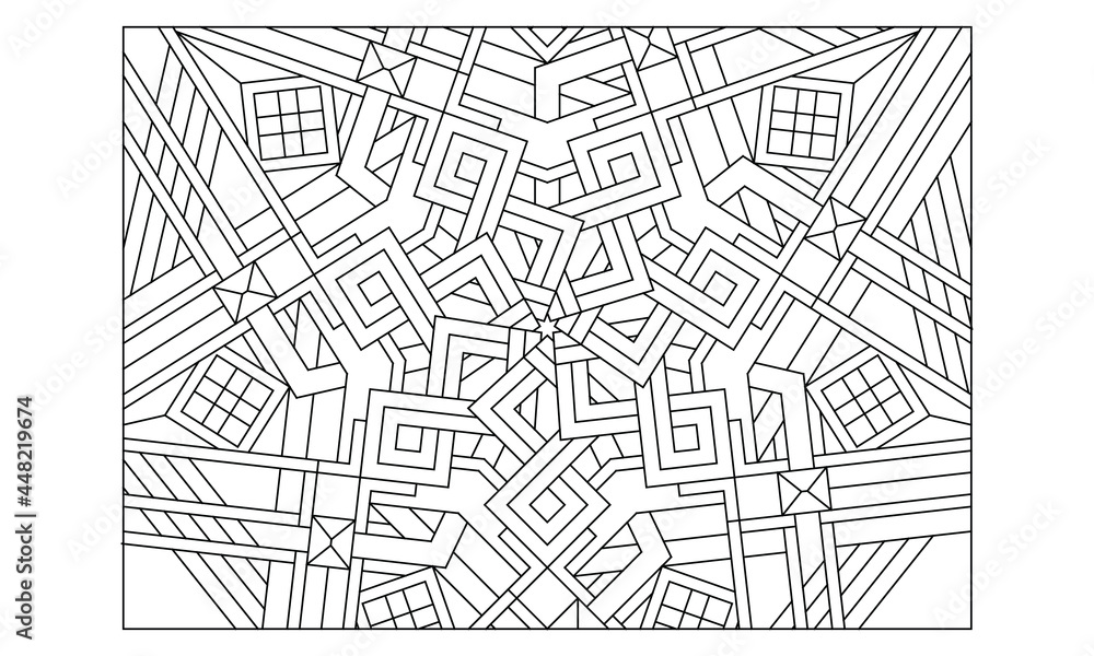 Coloring-#227 Landscape coloring pages for adults. Coloring-#227 Coloring Page of heptagonal mandala with variations in stripes and squares pattern on the background. EPS8 file.