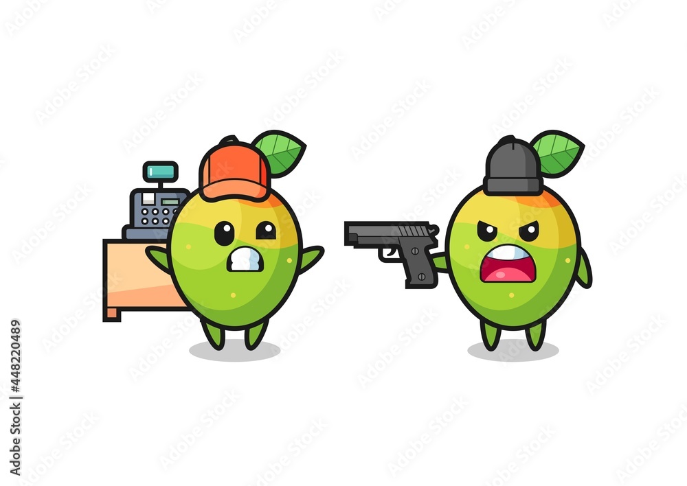illustration of the cute mango as a cashier is pointed a gun by a robber