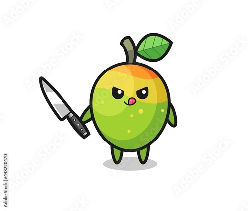 cute mango mascot as a psychopath holding a knife