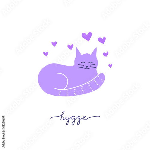Doodle cat with hearts around and lettering hygge. © Minur