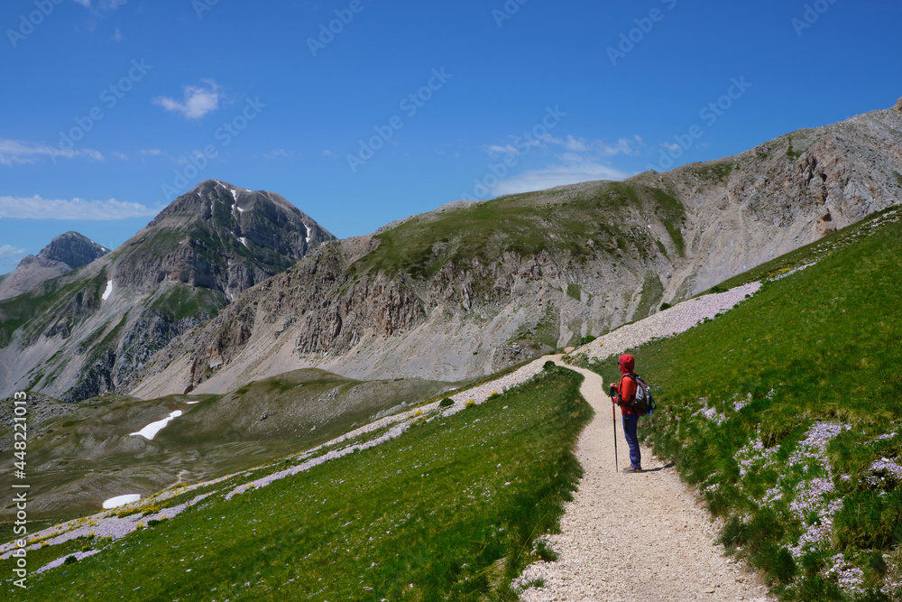 hiker who observes the mountain area of the gran sasso abruzzo
