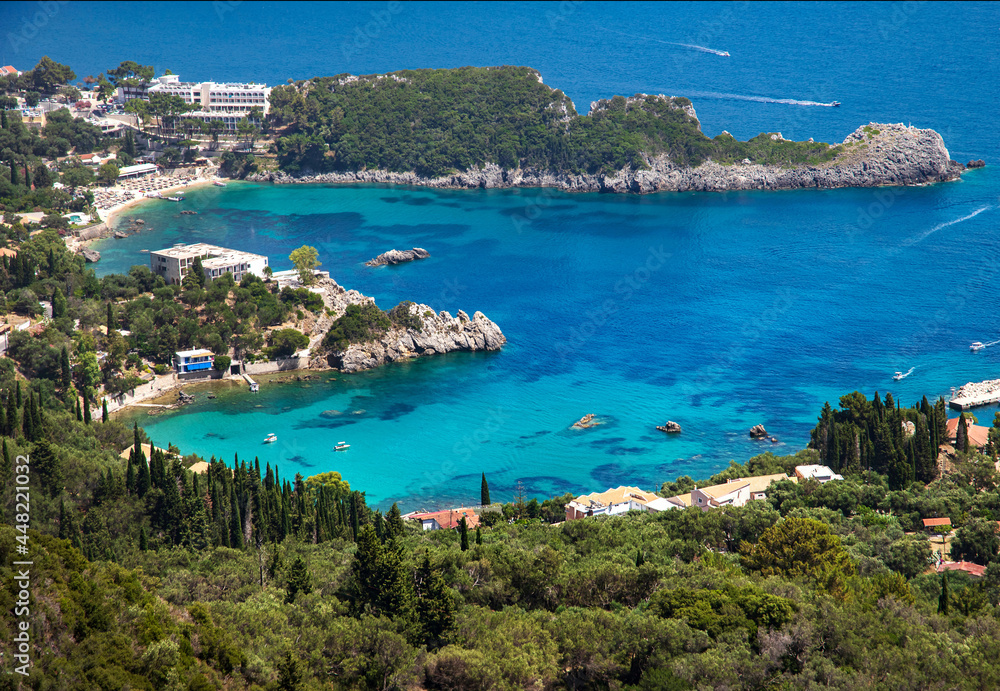 View of a heart-shaped bay in Corfu, Greece