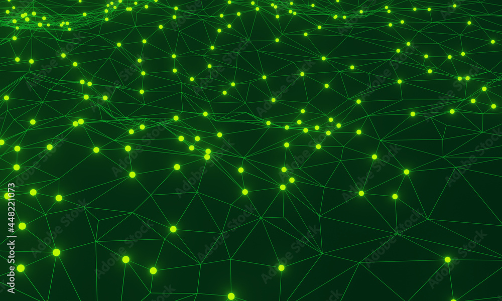3D abstract green grid particle network.