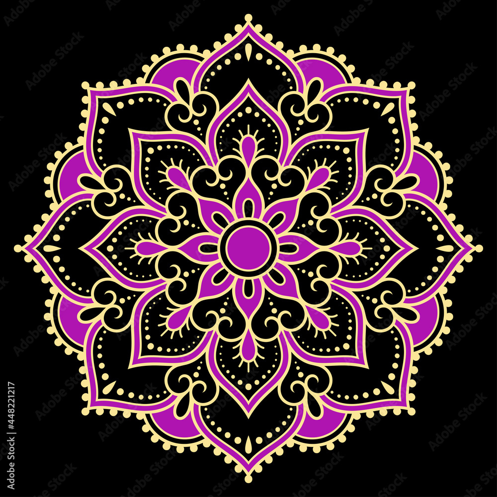 Circular pattern in form of mandala with lflower for Henna, Mehndi, tattoo, decoration. Decorative ornament in ethnic oriental style. Red pattern on black background.