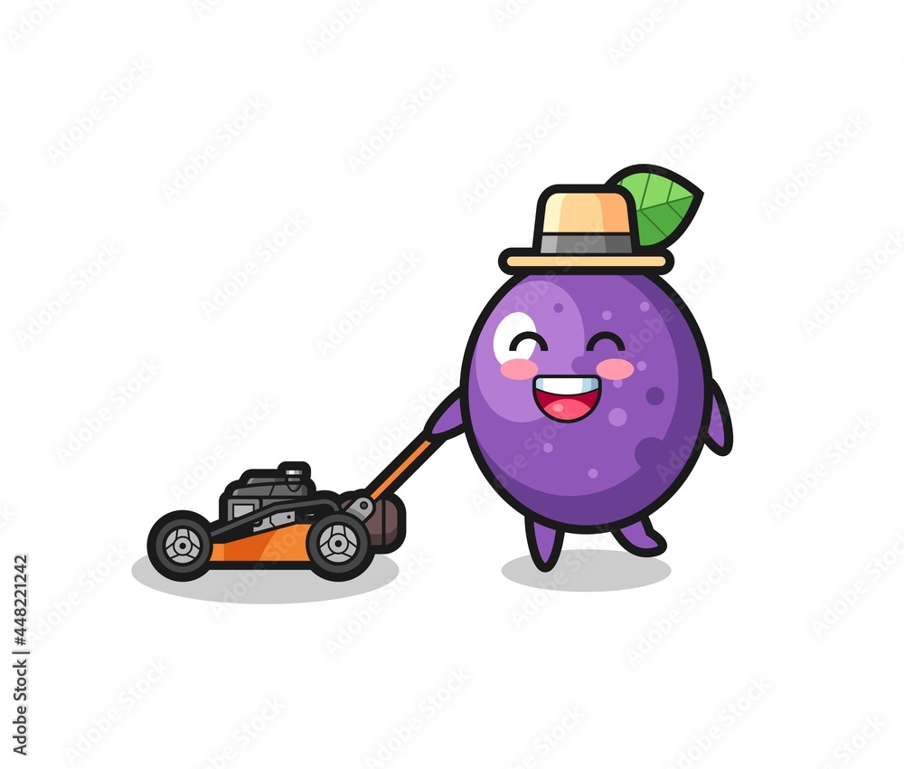 illustration of the passion fruit character using lawn mower