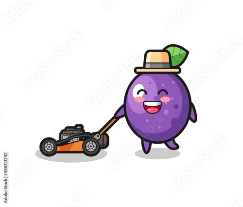 illustration of the passion fruit character using lawn mower